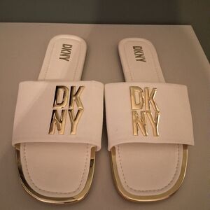 DKNY White And Gold Slides